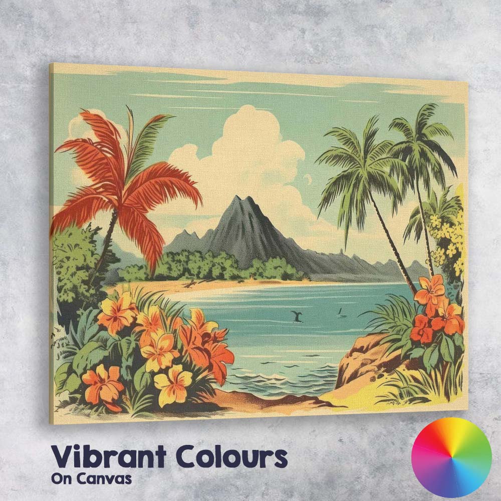 Retro Tropical Island Hibiscus Floral Paradise Landscape Canvas Wall Art Print Decor Picture Ready to Hang