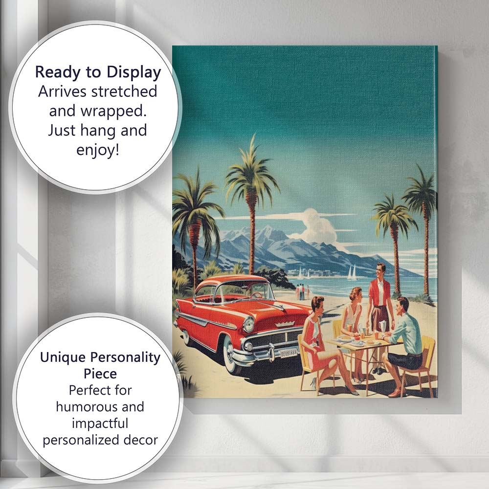 Retro Classic Red American Car Beach Picnic Coastal Holiday Canvas Wall Art Print Decor Picture Ready to Hang