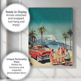 Retro Classic Red American Car Beach Picnic Coastal Holiday Canvas Wall Art Print Decor Picture Ready to Hang