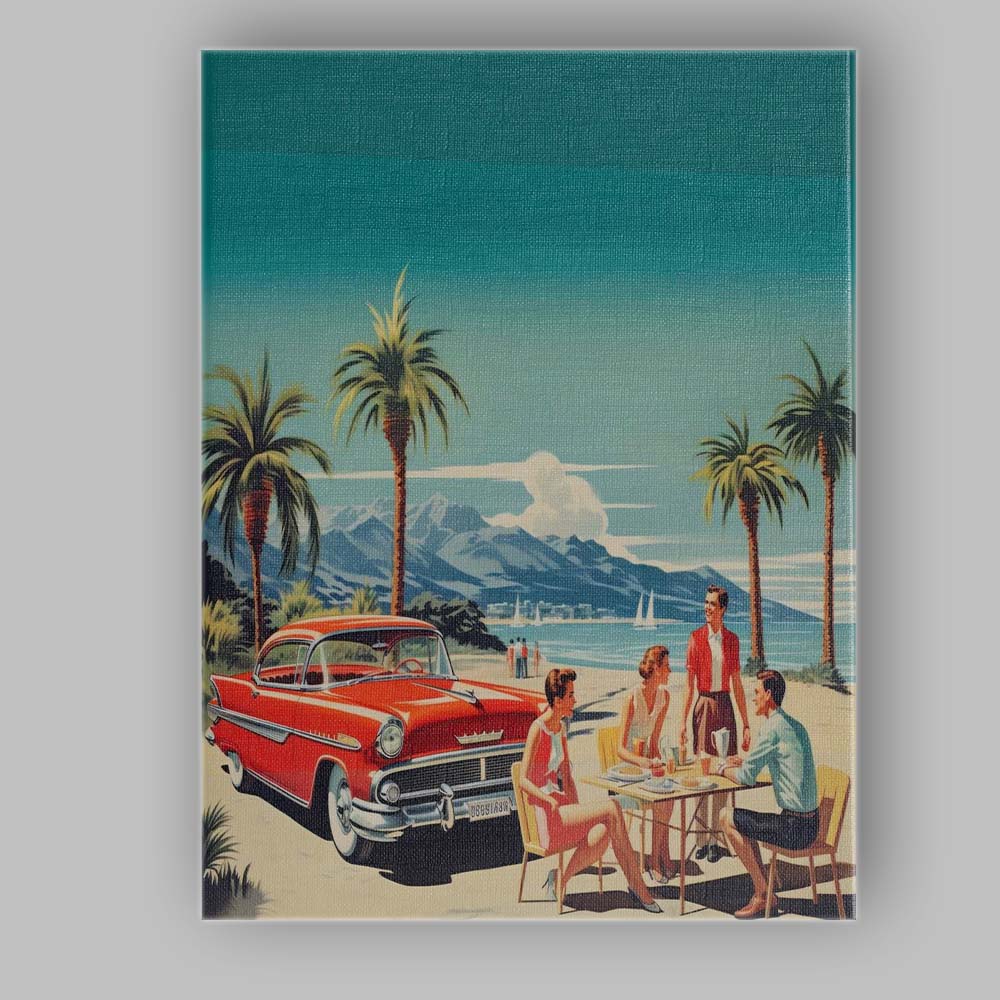 Retro Classic Red American Car Beach Picnic Coastal Holiday Canvas Wall Art Print Decor Picture Ready to Hang