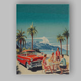 Retro Classic Red American Car Beach Picnic Coastal Holiday Canvas Wall Art Print Decor Picture Ready to Hang