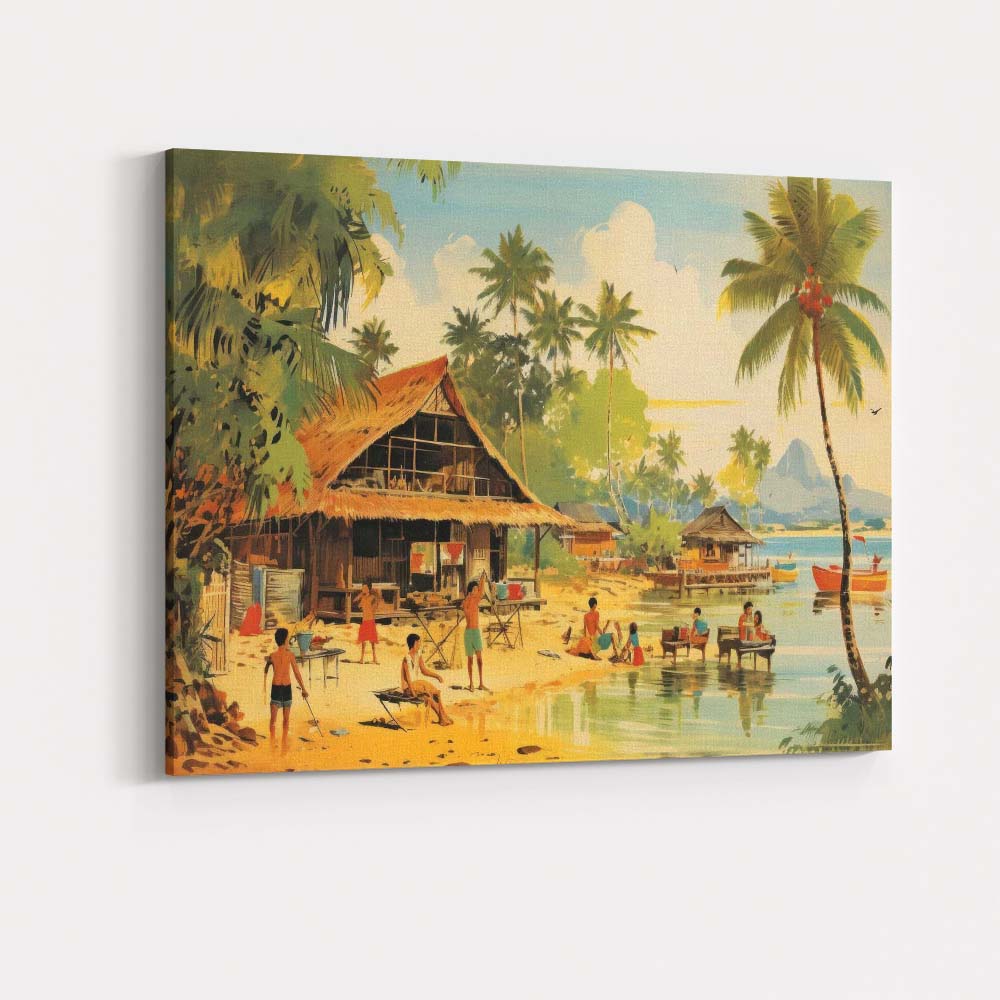 Peaceful Tropical Beach Village Coastal Island Life Canvas Wall Art Print Decor Picture Ready to Hang