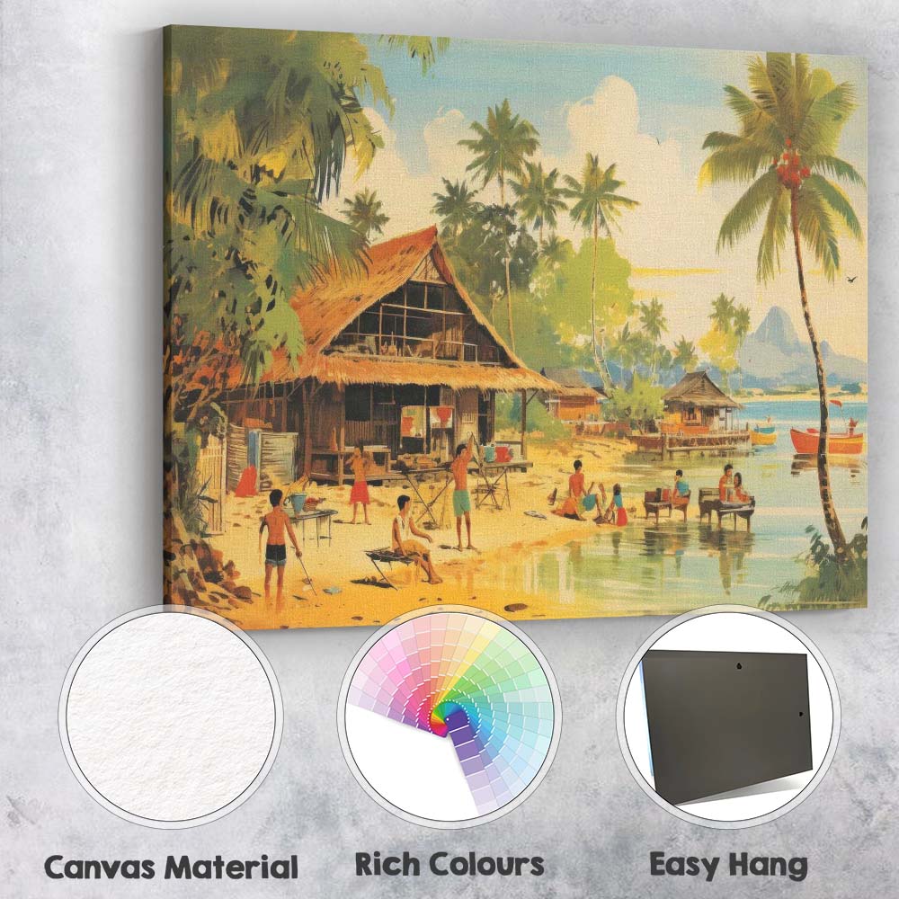 Peaceful Tropical Beach Village Coastal Island Life Canvas Wall Art Print Decor Picture Ready to Hang
