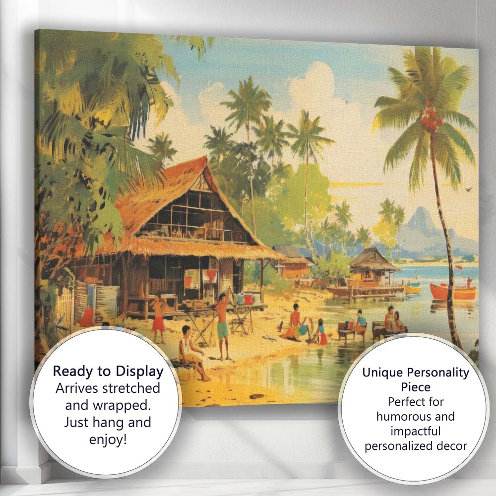 Peaceful Tropical Beach Village Coastal Island Life Canvas Wall Art Print Decor Picture Ready to Hang