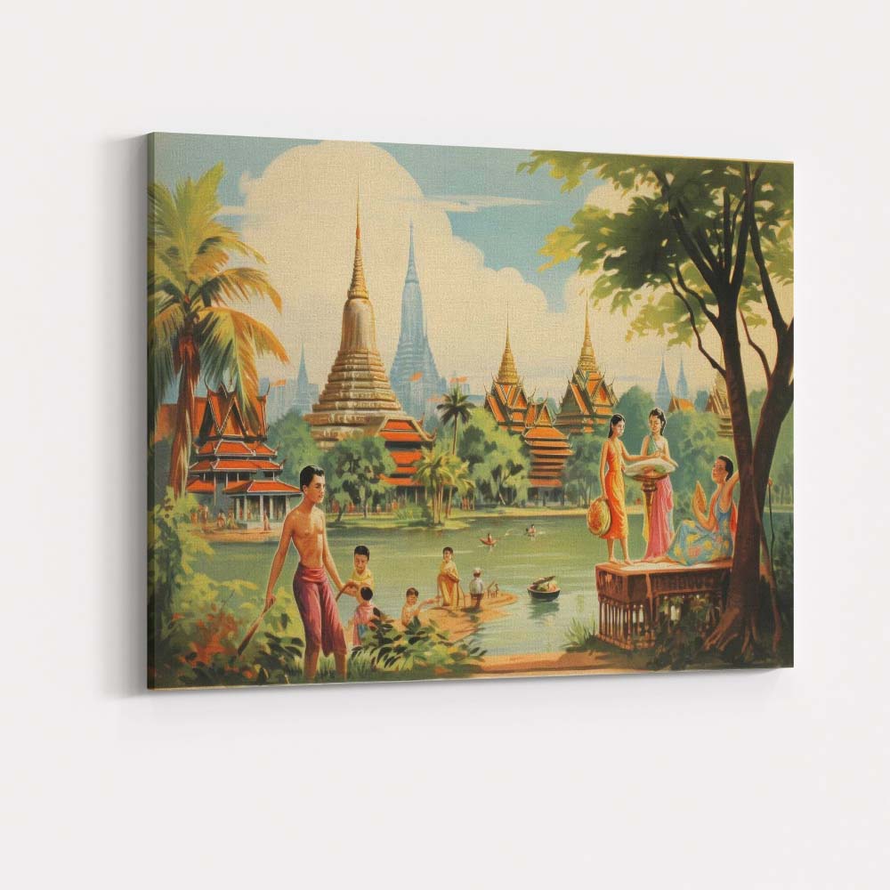 Traditional Thai Temple Riverside Cultural Landscape Canvas Wall Art Print Decor Picture Ready to Hang