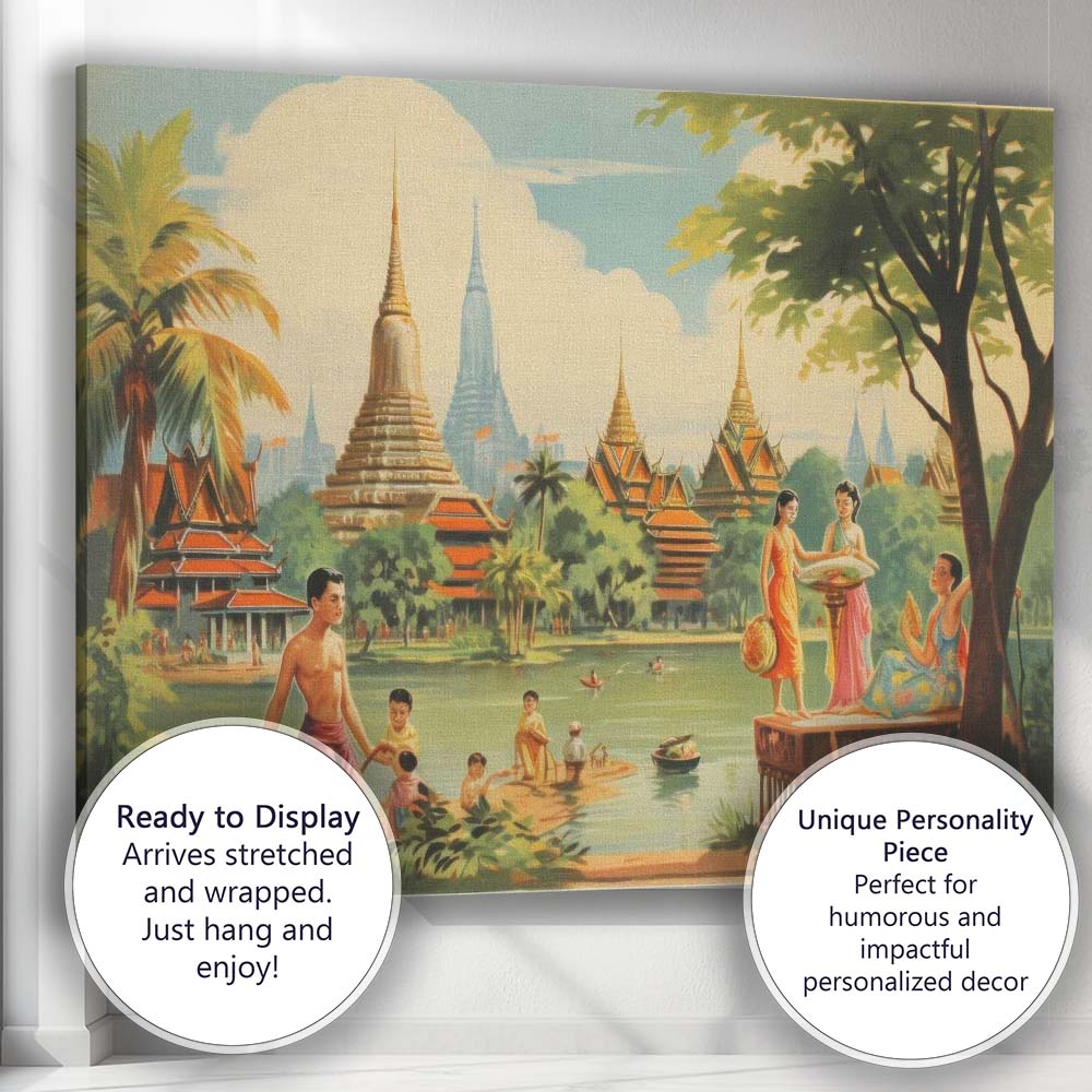 Traditional Thai Temple Riverside Cultural Landscape Canvas Wall Art Print Decor Picture Ready to Hang