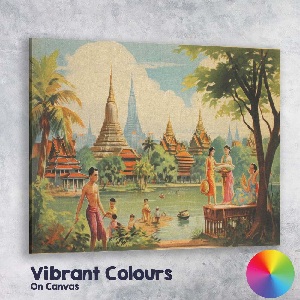 Traditional Thai Temple Riverside Cultural Landscape Canvas Wall Art Print Decor Picture Ready to Hang