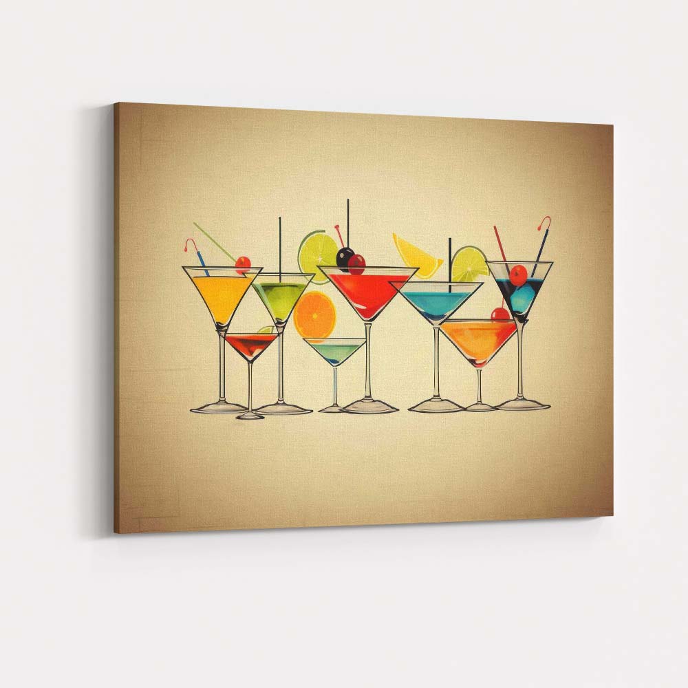 Colourful Retro Cocktail Martini Glass Collection Modern Bar Canvas Wall Art Print Decor Picture Ready to Hang