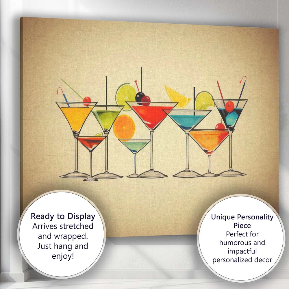 Colourful Retro Cocktail Martini Glass Collection Modern Bar Canvas Wall Art Print Decor Picture Ready to Hang