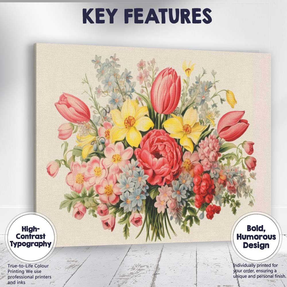Romantic Spring Wildflower Tulip Peony Floral Bouquet Botanical Canvas Wall Art Print Decor Picture Ready to Hang