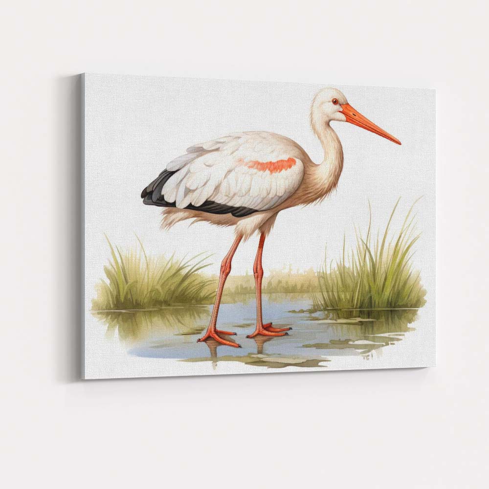 Elegant White Stork Wetland Wildlife Bird Illustration Canvas Wall Art Print Decor Picture Ready to Hang
