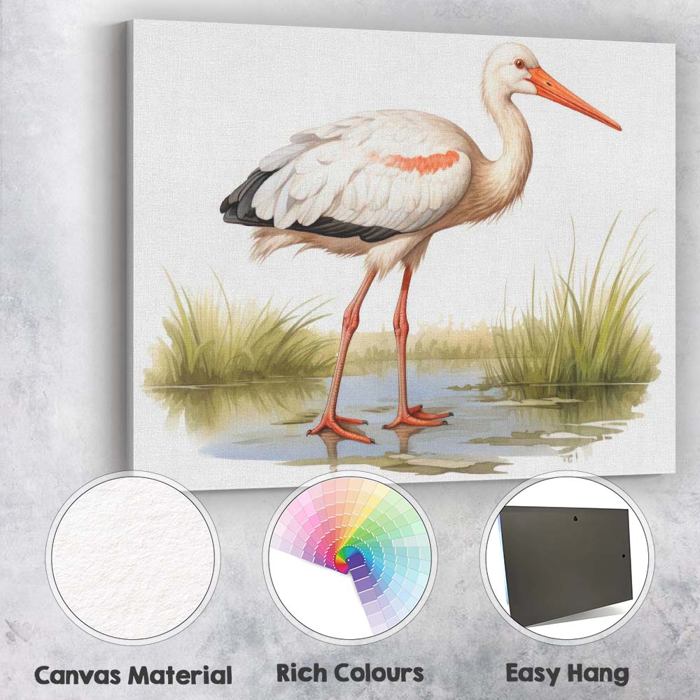 Elegant White Stork Wetland Wildlife Bird Illustration Canvas Wall Art Print Decor Picture Ready to Hang