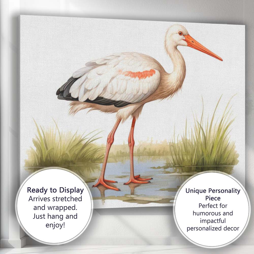 Elegant White Stork Wetland Wildlife Bird Illustration Canvas Wall Art Print Decor Picture Ready to Hang