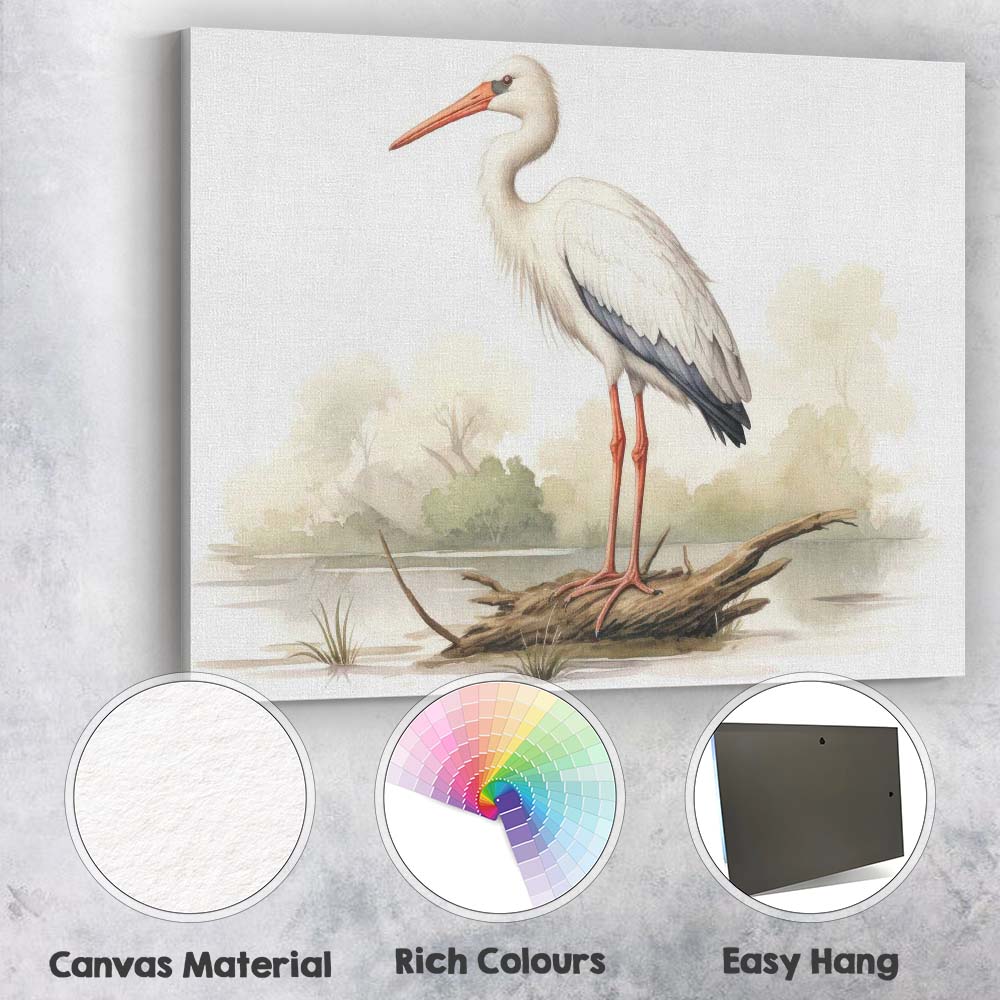 Graceful White Stork Standing on Driftwood Nature Illustration Canvas Wall Art Print Decor Picture Ready to Hang