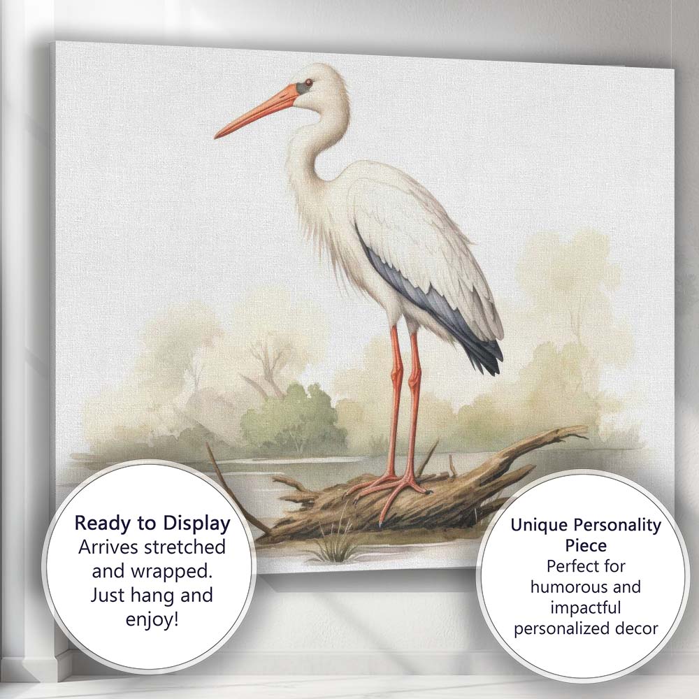 Graceful White Stork Standing on Driftwood Nature Illustration Canvas Wall Art Print Decor Picture Ready to Hang