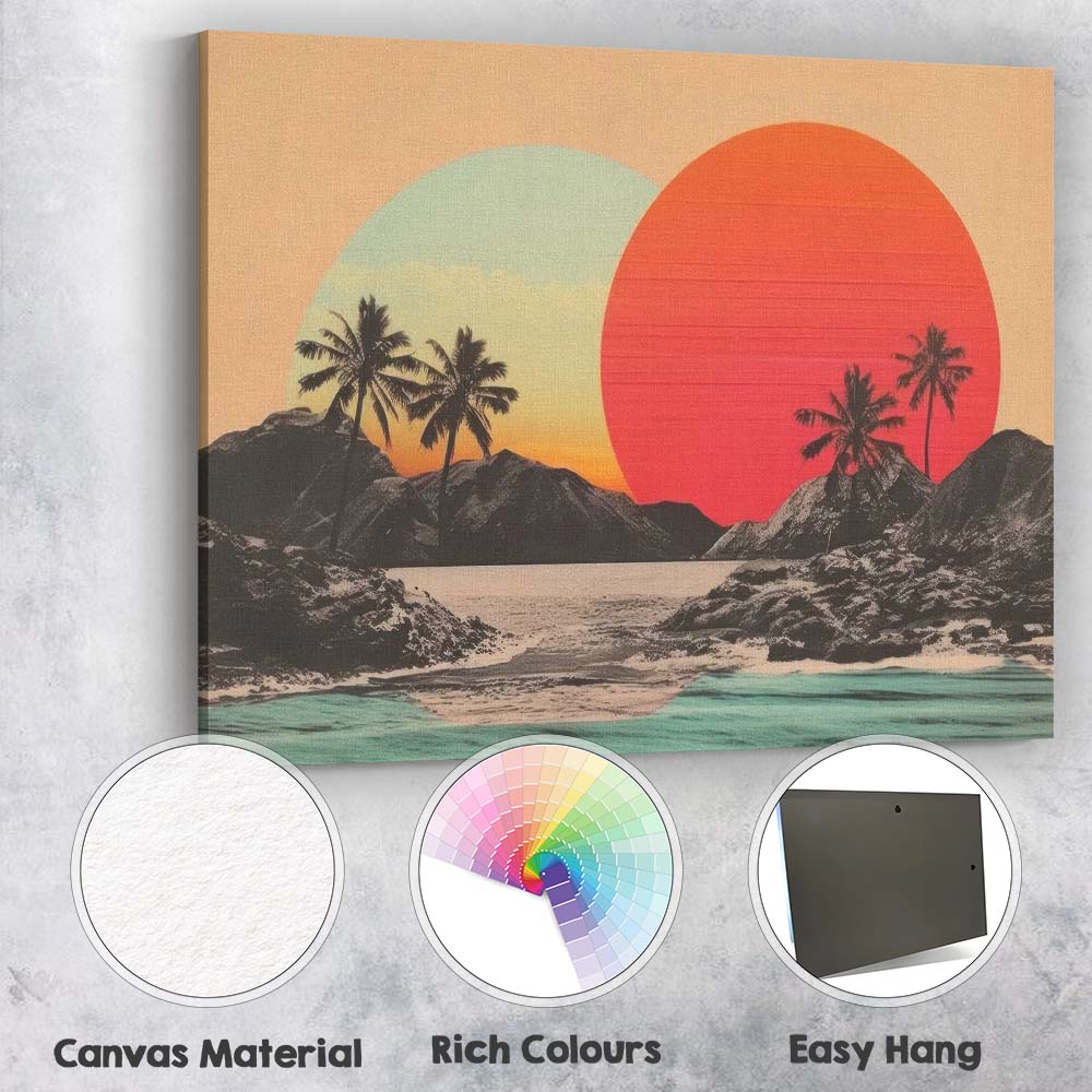 Retro Tropical Sunset Palm Tree Coastal Landscape Canvas Wall Art Print Decor Picture Ready to Hang