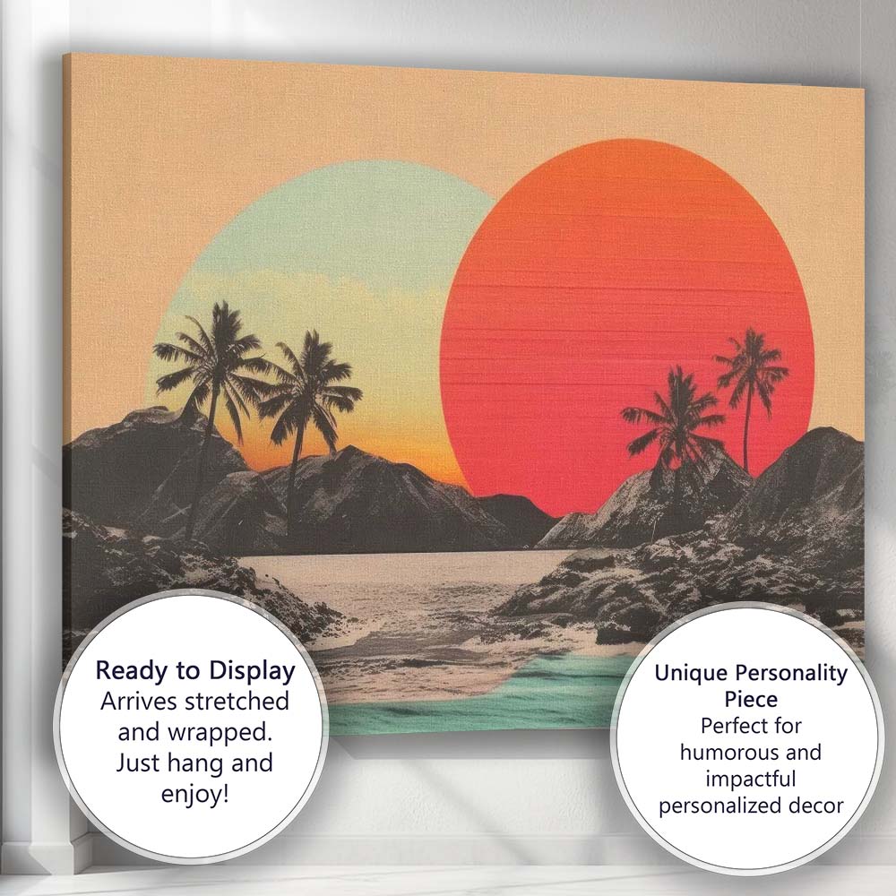 Retro Tropical Sunset Palm Tree Coastal Landscape Canvas Wall Art Print Decor Picture Ready to Hang