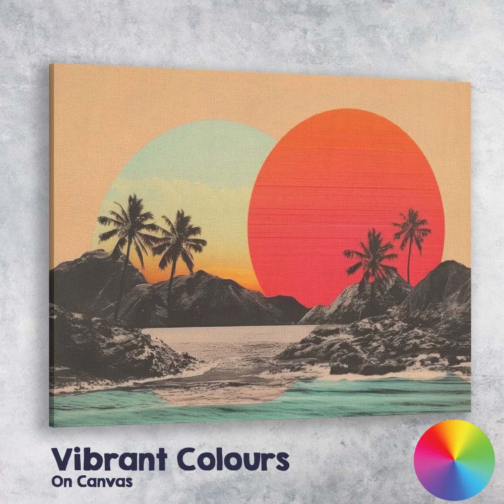 Retro Tropical Sunset Palm Tree Coastal Landscape Canvas Wall Art Print Decor Picture Ready to Hang