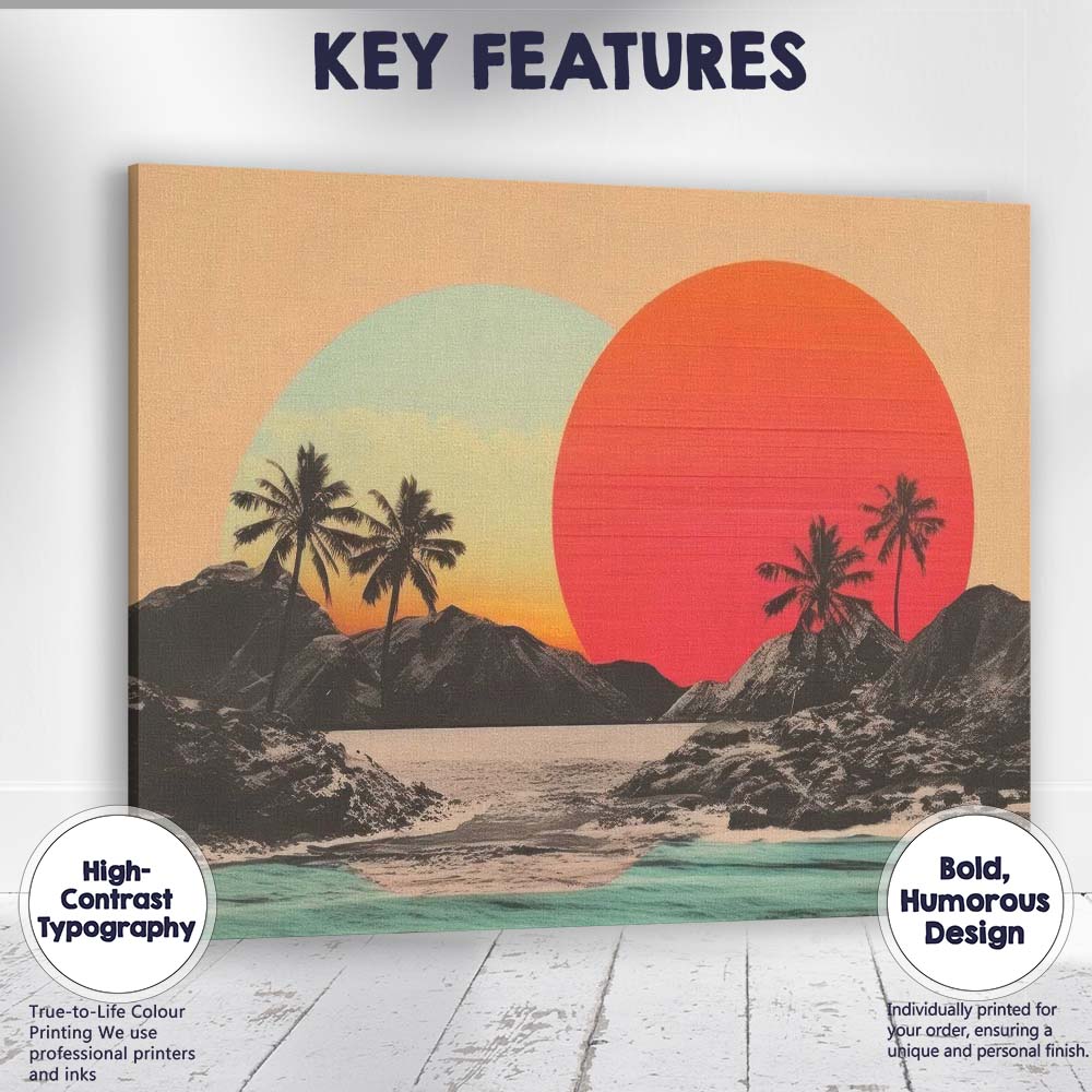 Retro Tropical Sunset Palm Tree Coastal Landscape Canvas Wall Art Print Decor Picture Ready to Hang