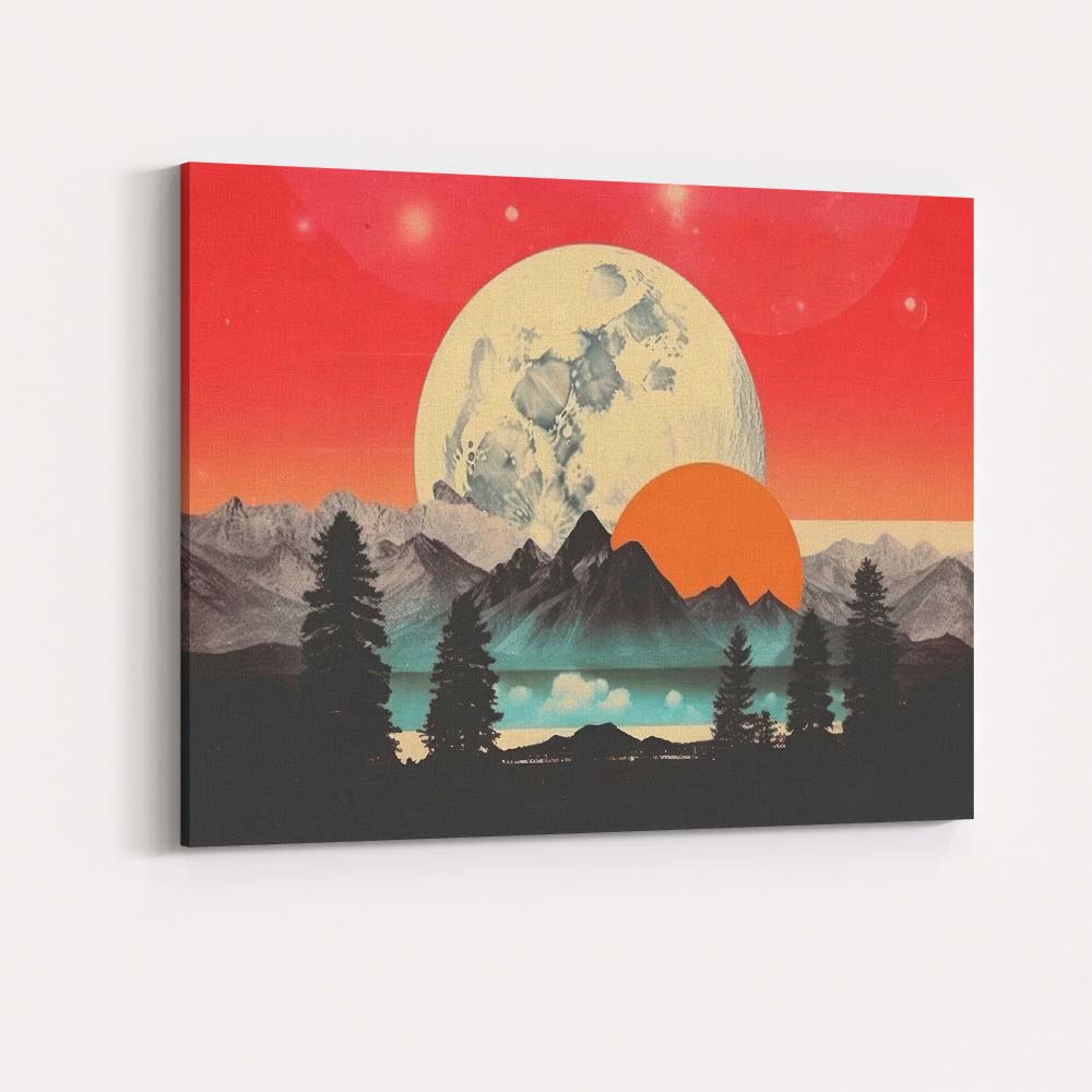 Surreal Moonlit Mountain Landscape Celestial Fantasy Illustration Canvas Wall Art Print Decor Picture Ready to Hang