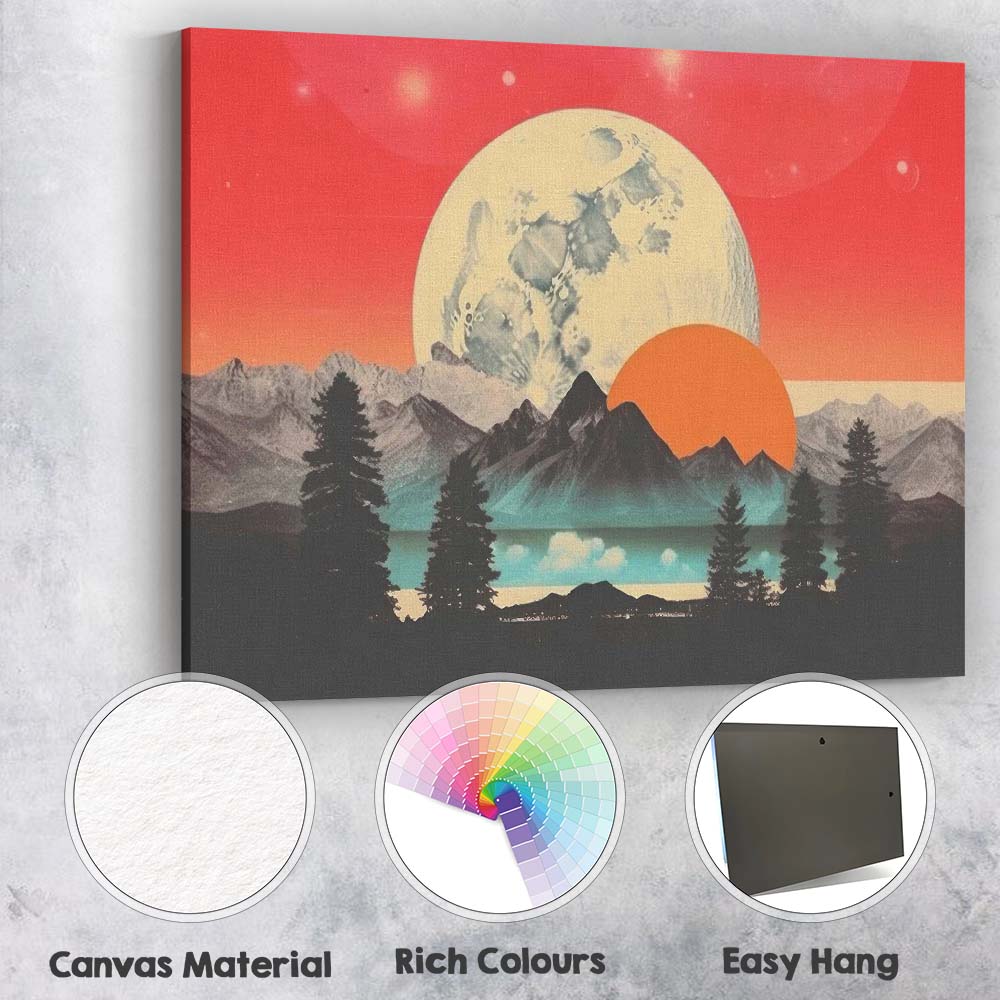 Surreal Moonlit Mountain Landscape Celestial Fantasy Illustration Canvas Wall Art Print Decor Picture Ready to Hang