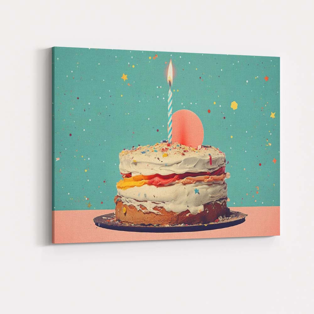 Minimalist Birthday Cake Celebration Single Candle Illustration Canvas Wall Art Print Decor Picture Ready to Hang