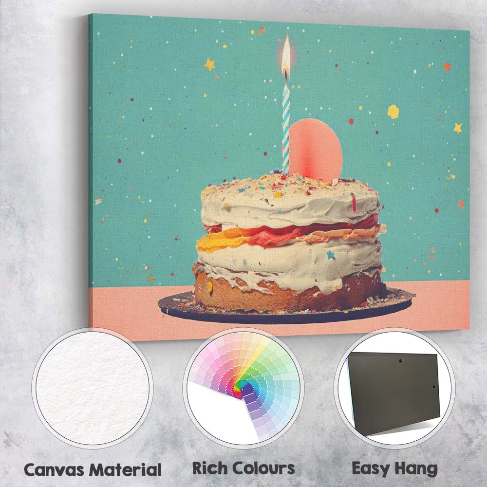 Minimalist Birthday Cake Celebration Single Candle Illustration Canvas Wall Art Print Decor Picture Ready to Hang