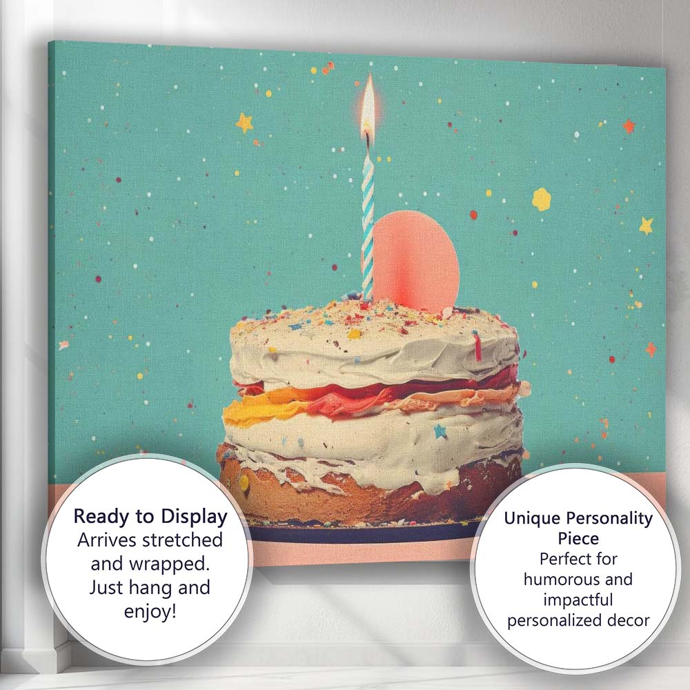 Minimalist Birthday Cake Celebration Single Candle Illustration Canvas Wall Art Print Decor Picture Ready to Hang