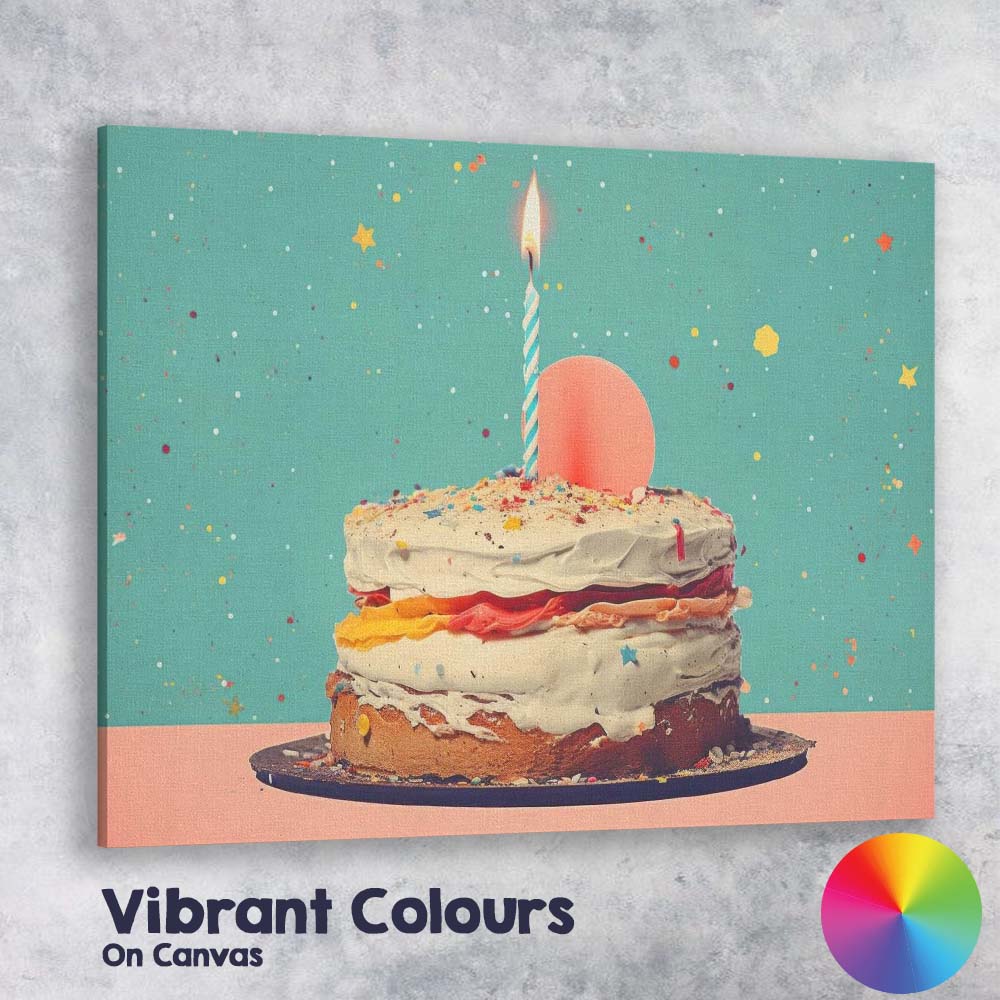 Minimalist Birthday Cake Celebration Single Candle Illustration Canvas Wall Art Print Decor Picture Ready to Hang