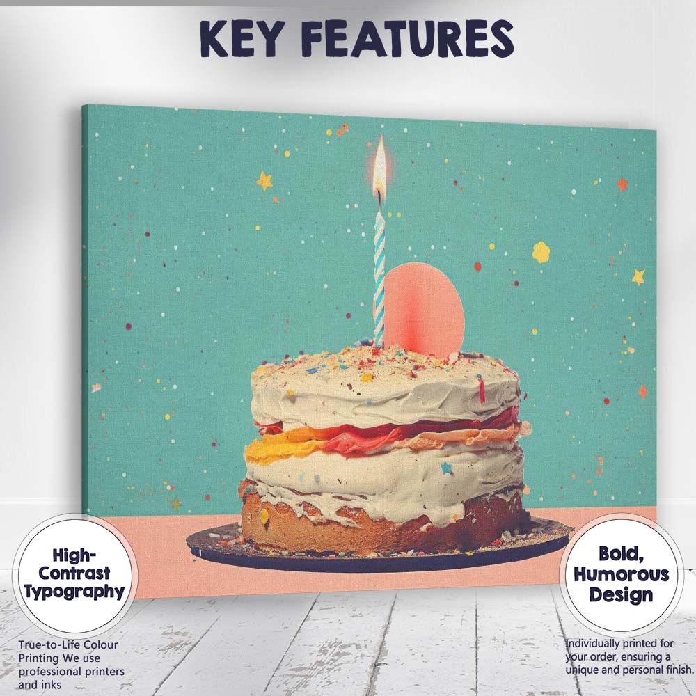 Minimalist Birthday Cake Celebration Single Candle Illustration Canvas Wall Art Print Decor Picture Ready to Hang