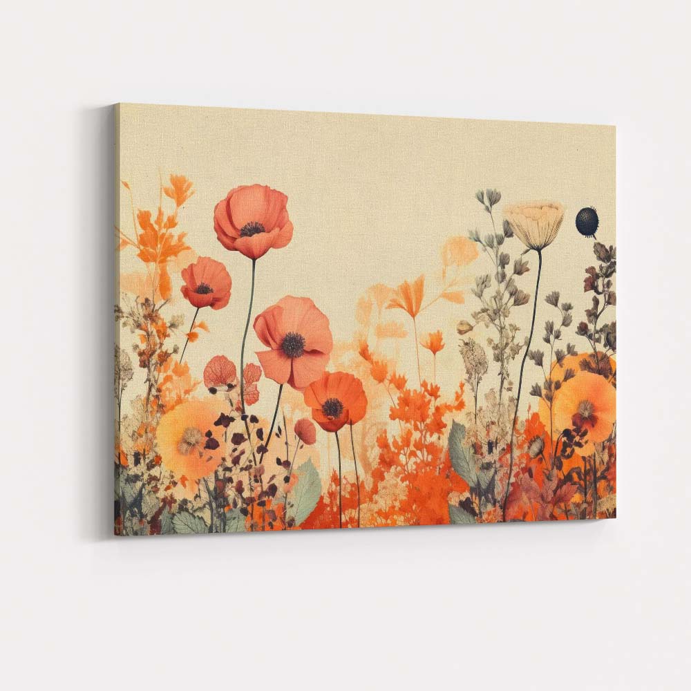 Elegant Orange Poppy Wildflower Botanical Meadow Illustration Canvas Wall Art Print Decor Picture Ready to Hang