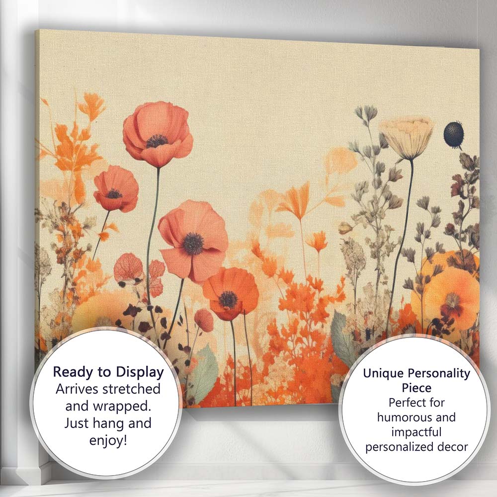 Elegant Orange Poppy Wildflower Botanical Meadow Illustration Canvas Wall Art Print Decor Picture Ready to Hang