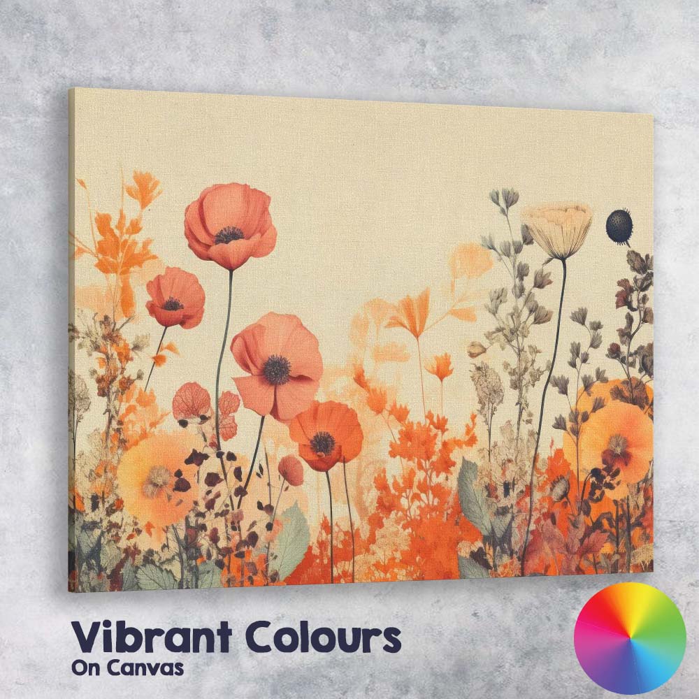Elegant Orange Poppy Wildflower Botanical Meadow Illustration Canvas Wall Art Print Decor Picture Ready to Hang