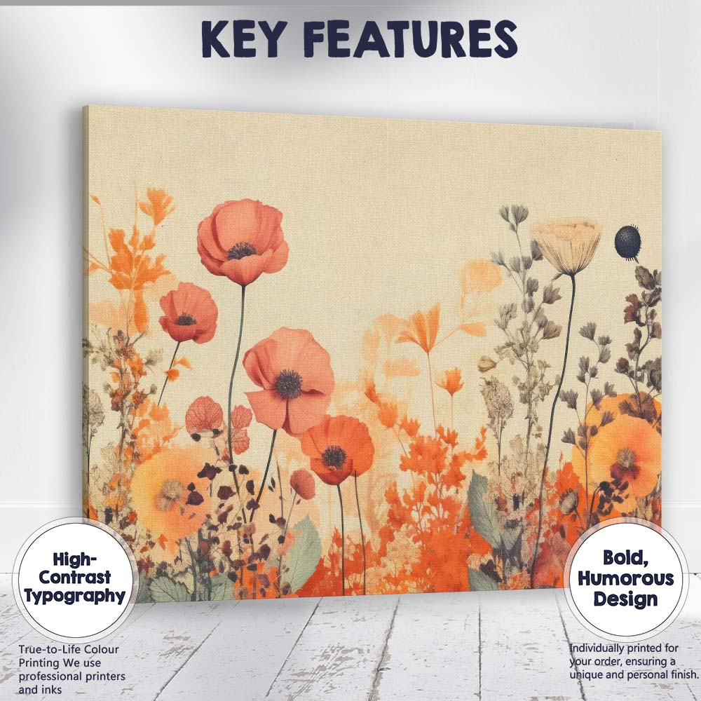 Elegant Orange Poppy Wildflower Botanical Meadow Illustration Canvas Wall Art Print Decor Picture Ready to Hang