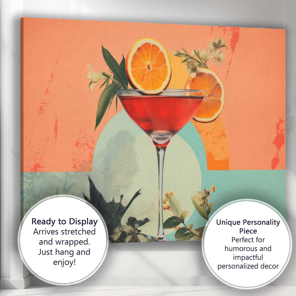 Contemporary Orange Citrus Cocktail Martini Glass Botanical Illustration Canvas Wall Art Print Decor Picture Ready to Hang