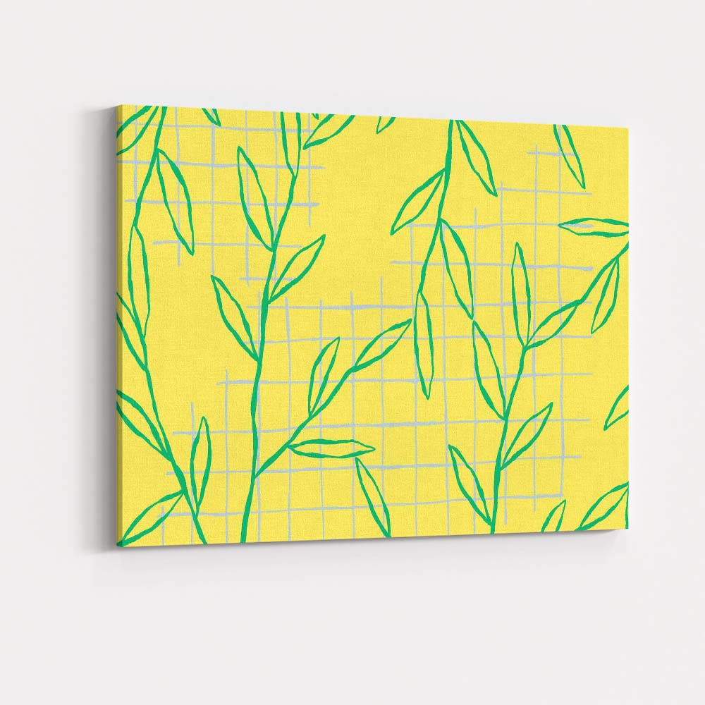 Minimalist Green Leaf Botanical Repeat Pattern Yellow Background Canvas Wall Art Print Decor Picture Ready to Hang