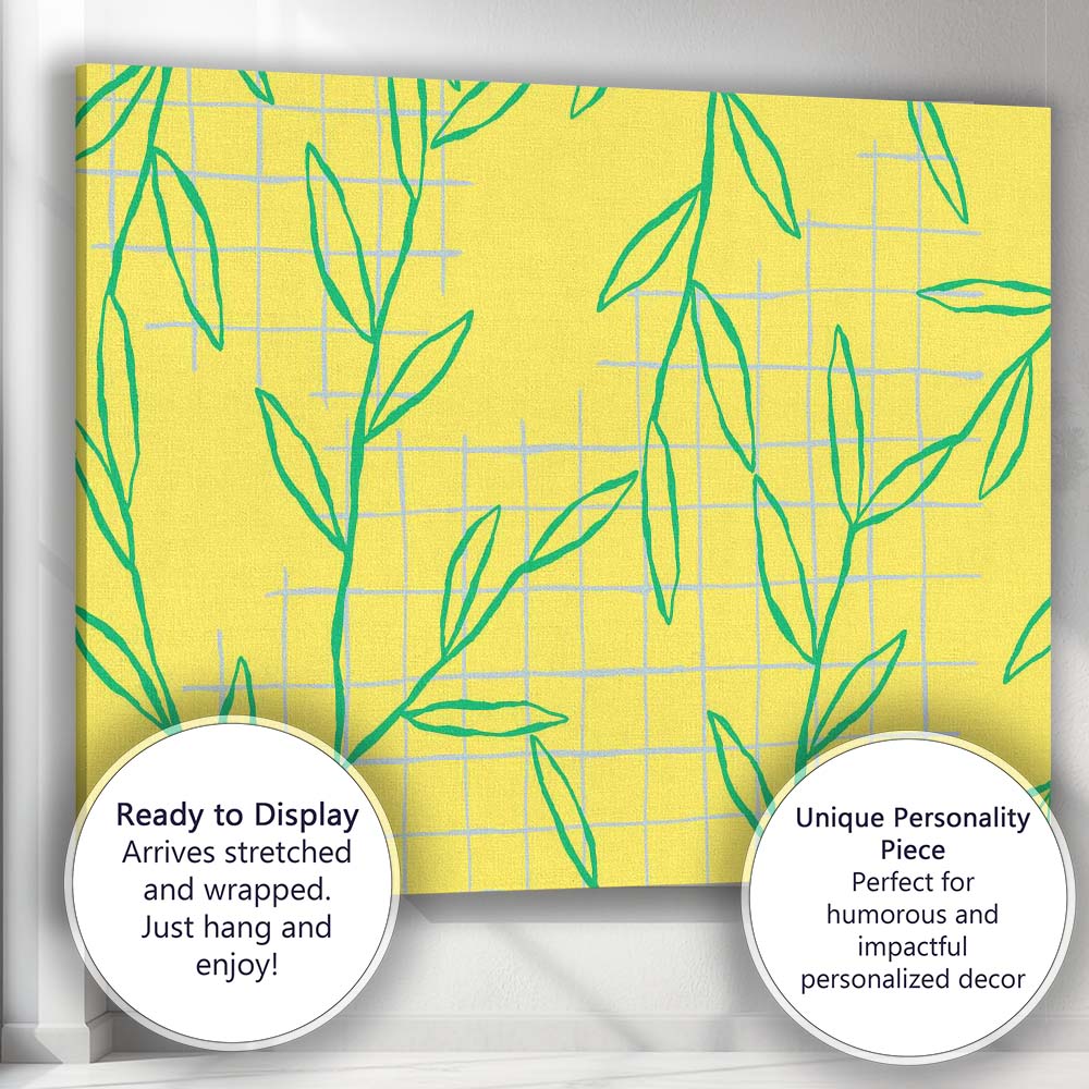 Minimalist Green Leaf Botanical Repeat Pattern Yellow Background Canvas Wall Art Print Decor Picture Ready to Hang
