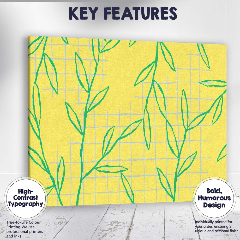 Minimalist Green Leaf Botanical Repeat Pattern Yellow Background Canvas Wall Art Print Decor Picture Ready to Hang