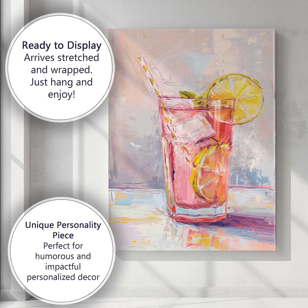 Vibrant Pink Citrus Lemonade Cocktail Watercolour Illustration Canvas Wall Art Print Decor Picture Ready to Hang