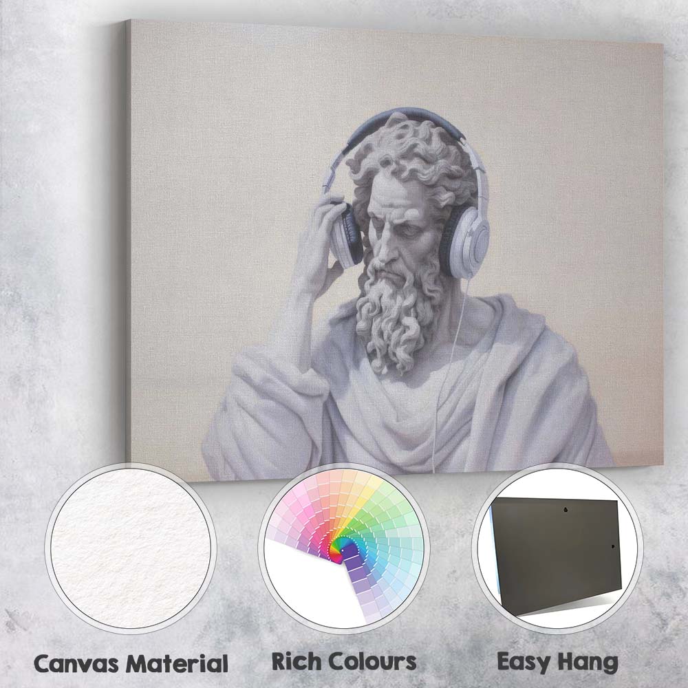 Classical Marble Philosopher Wearing Headphones Contemporary Portrait Canvas Wall Art Print Decor Picture Ready to Hang