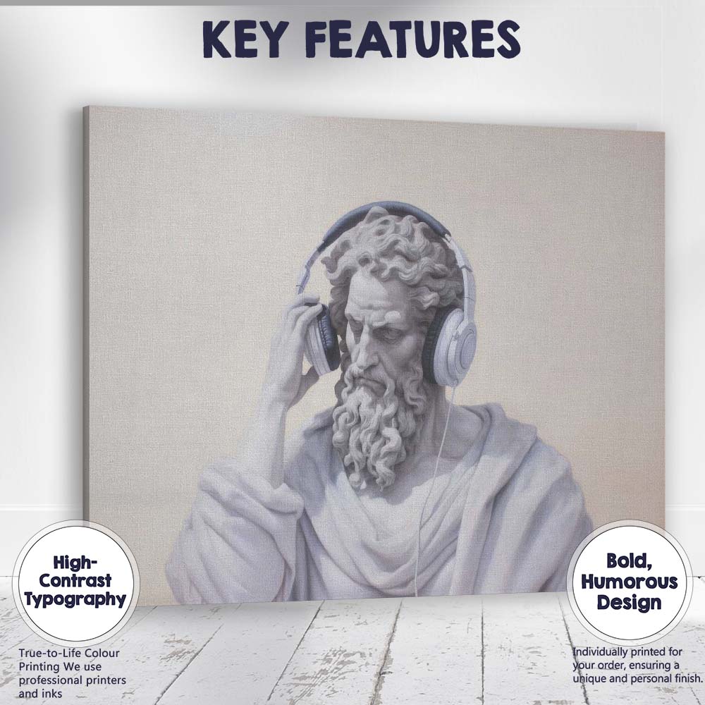 Classical Marble Philosopher Wearing Headphones Contemporary Portrait Canvas Wall Art Print Decor Picture Ready to Hang