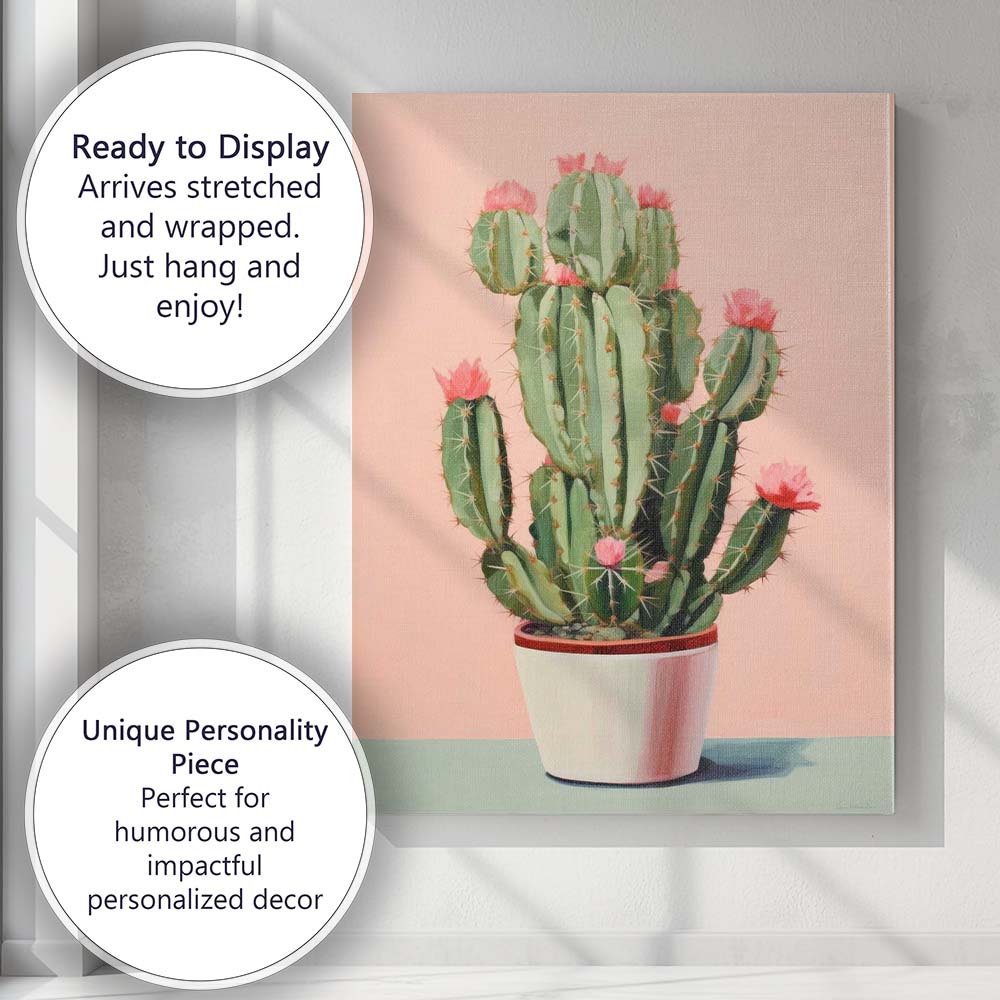 Pink Flowering Cactus Houseplant Botanical Illustration Canvas Wall Art Print Decor Picture Ready to Hang