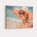 Elegant Beach Lady in Wide Brim Sun Hat Summer Fashion Portrait Canvas Wall Art Print Decor Picture Ready to Hang