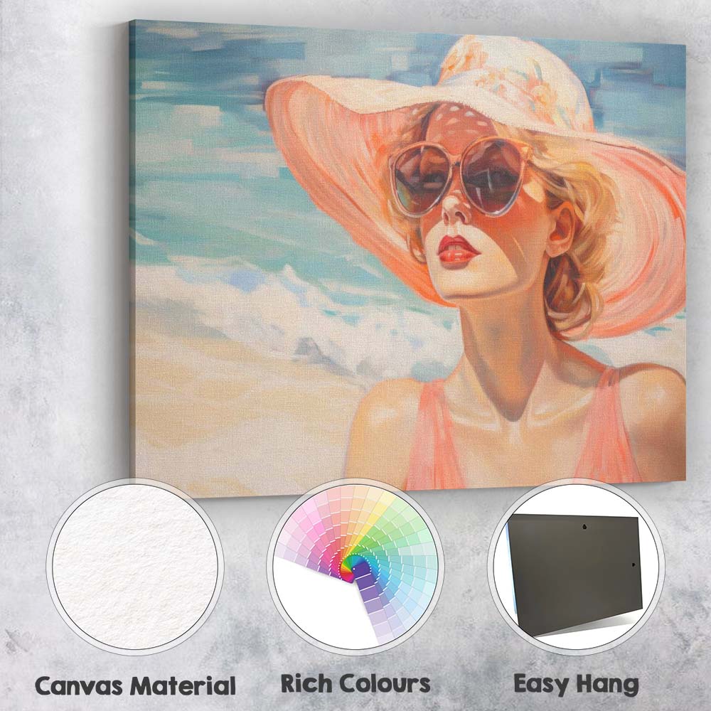 Elegant Beach Lady in Wide Brim Sun Hat Summer Fashion Portrait Canvas Wall Art Print Decor Picture Ready to Hang
