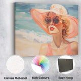 Elegant Beach Lady in Wide Brim Sun Hat Summer Fashion Portrait Canvas Wall Art Print Decor Picture Ready to Hang