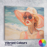 Elegant Beach Lady in Wide Brim Sun Hat Summer Fashion Portrait Canvas Wall Art Print Decor Picture Ready to Hang