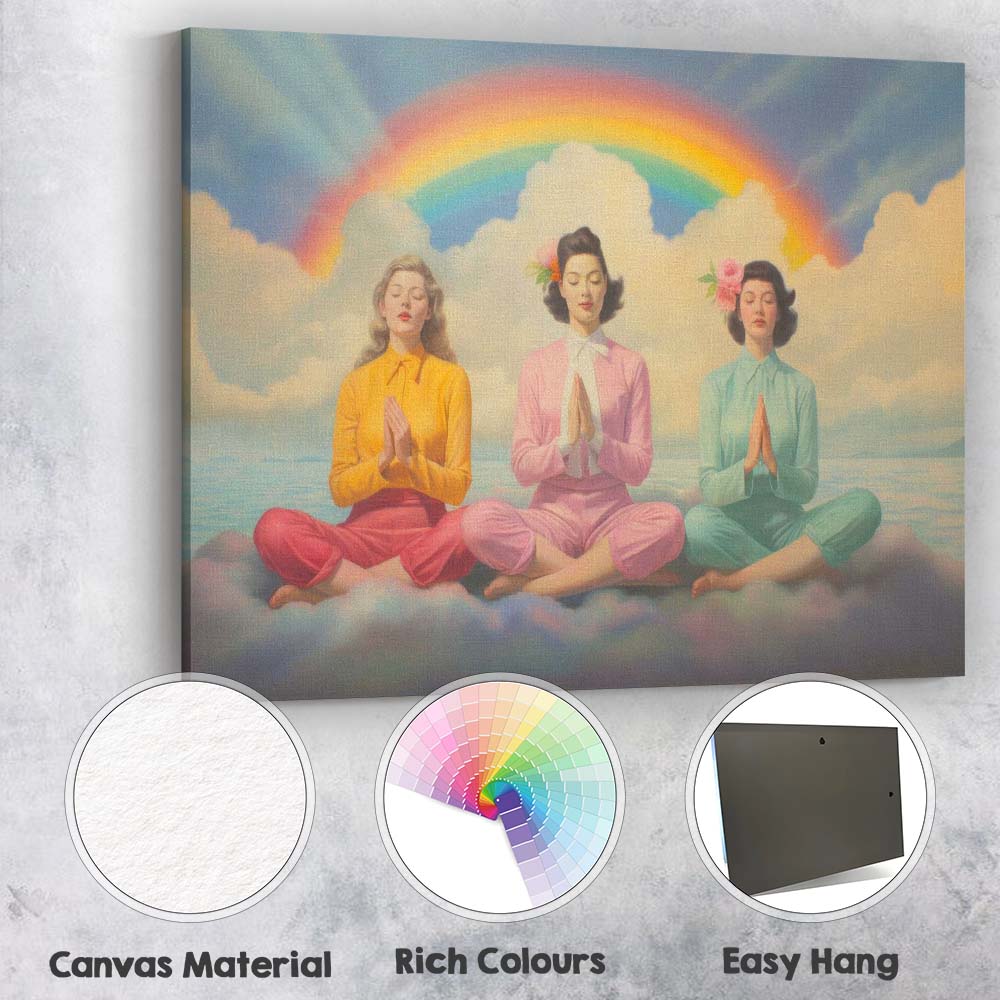 Pastel Rainbow Meditation Women Dreamy Spiritual Illustration Canvas Wall Art Print Decor Picture Ready to Hang