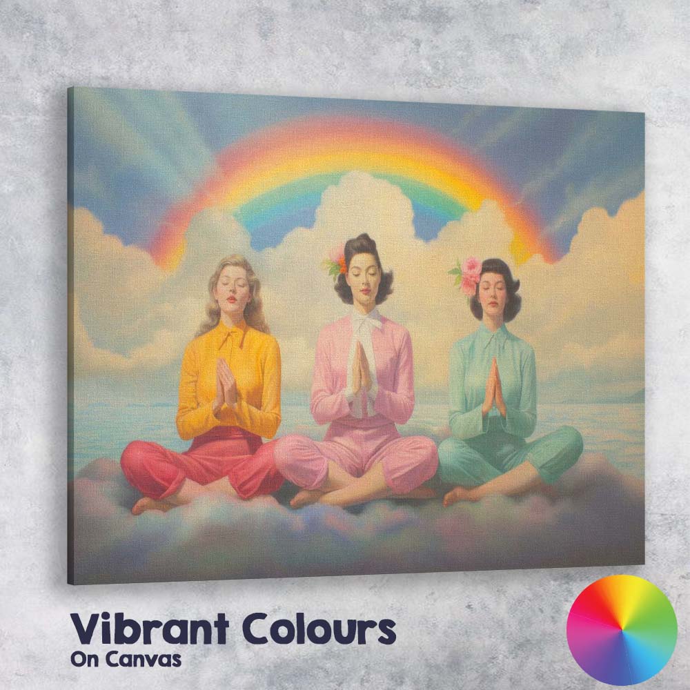 Pastel Rainbow Meditation Women Dreamy Spiritual Illustration Canvas Wall Art Print Decor Picture Ready to Hang