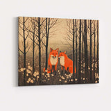 Woodland Red Fox Pair Forest Wildlife Linocut Style Canvas Wall Art Print Decor Picture Ready to Hang