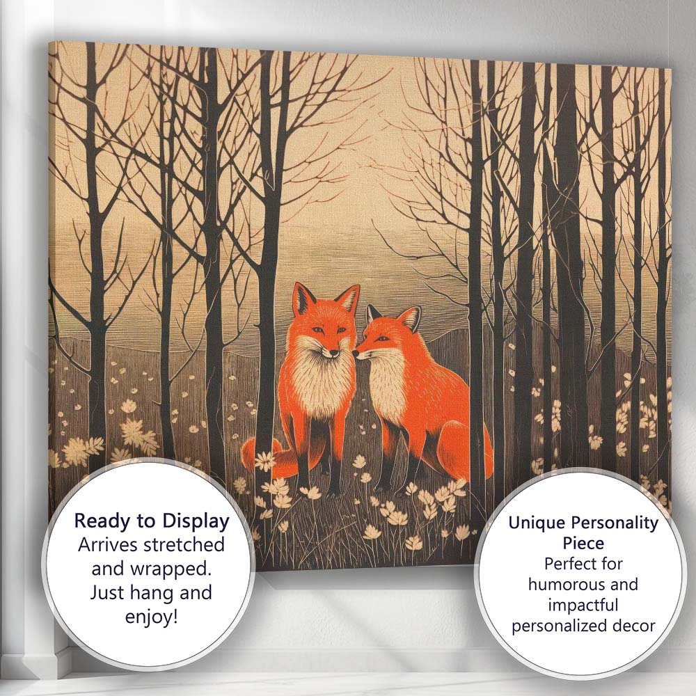 Woodland Red Fox Pair Forest Wildlife Linocut Style Canvas Wall Art Print Decor Picture Ready to Hang